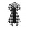 Casual Faux Twinset T Shirt Crisscross Plaid Print Mock Button Turn Down Collar Summer Tee