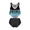 Ensemble de Tankini Croisé Gainant à Imprimé Crâne Fleur à Volants de Plage - Turquoise L