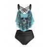 Tummy Control Tankini Swimwear Gothic Swimsuit Skull Flower Print Crisscross Summer Beach Bathing Suit - TURQUOISE XXXL