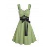 Summer Vacation Lace Insert Button Ruched Belted Dress - GREEN 3XL