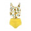 Ensemble de Tankini Contrôle du Ventre Superposé Imprimé Fleuri à Taille Haute de Plage - Jaune 3XL