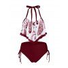 Bohemian Tankini Swimsuit Feather Print Bathing Suit Flounce Overlay Cinched Halter Two Piece Swimwear - RED WINE M