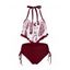 Bohemian Tankini Swimsuit Feather Print Bathing Suit Flounce Overlay Cinched Halter Two Piece Swimwear - RED WINE 2XL