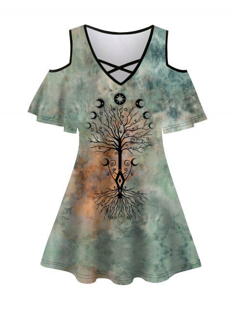 T-shirt Décontracté Croisé Teinté à Imprimé Arbre à Epaule Dénudée à Col V