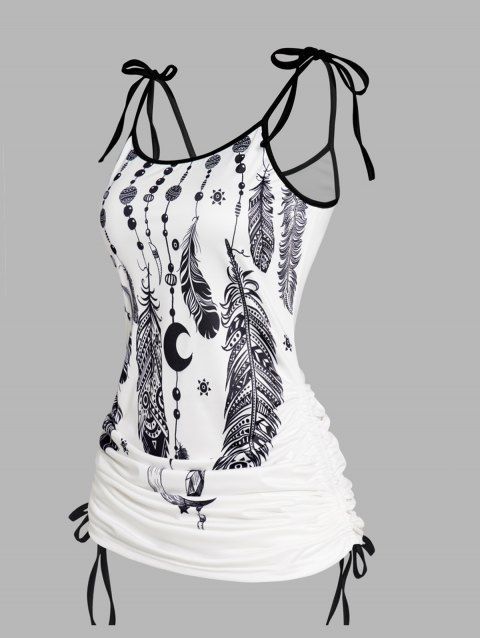 Dream Catcher Feather Print Tank Top Tied Shoulder Ruched Long Casual Tank Top