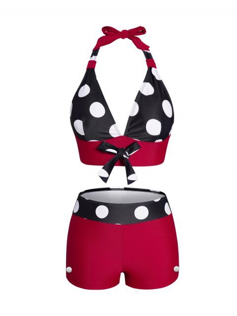 Polka Dots Print Bikini Swimsuit Halter Padded Bowknot Bikini Two Piece Swimwear Boyleg Bathing Suit
