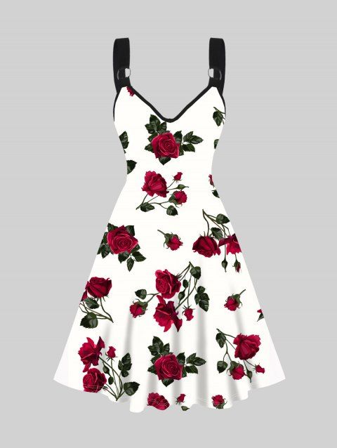 Robe Ligne A à Imprimé Rose Partout Anneau en O à Taille Haute sans Manches Pour Saint-Valentin