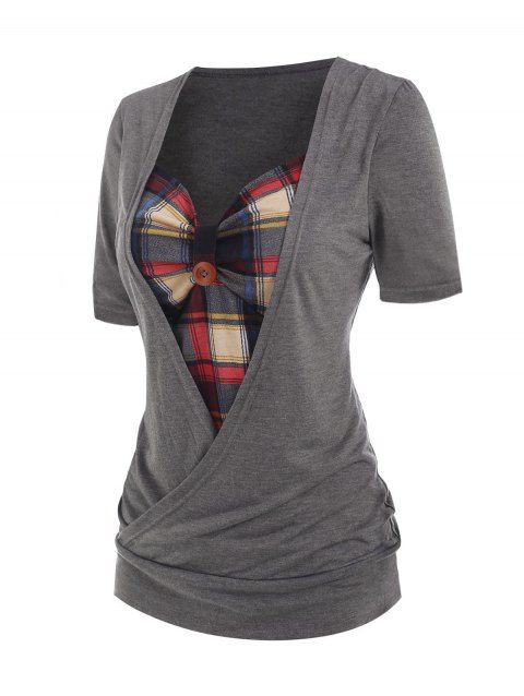Plaid Print Faux Twinset Short Sleeve Cross Ruched Bust Tee