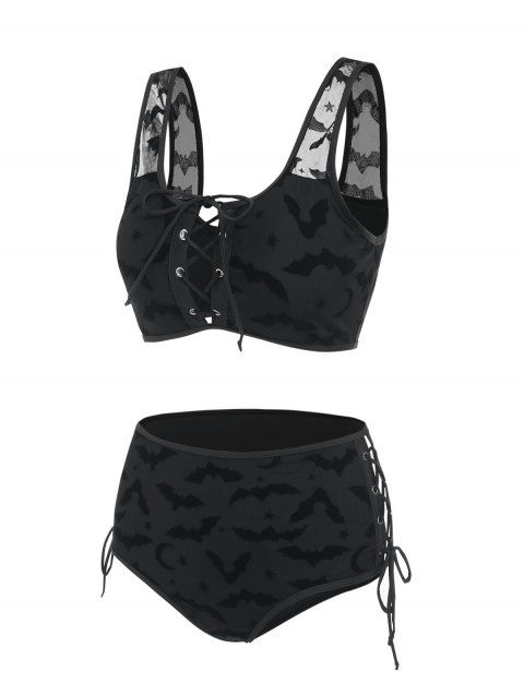 Gothic Bikini Swimsuit Bat Crescent Star Print Bathing Suit Cinched Mesh Lace Up Cut Out Swimwear