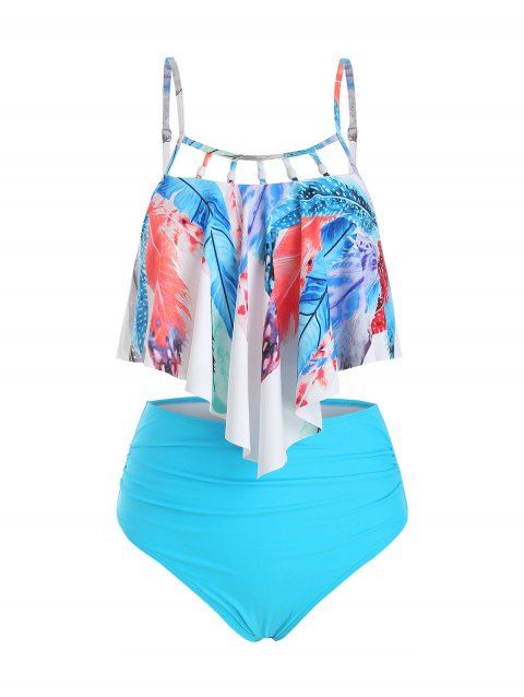 Maillot de Bain Tankini Contrôle du Ventre à Imprimé Plume Embelli de Perle à Volants de Plage