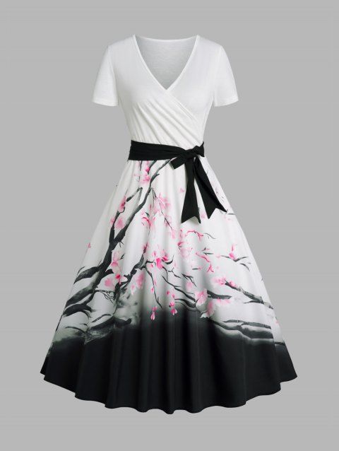 Ink Painting Print Surplice Dress Belted Chinese Style Midi Dress
