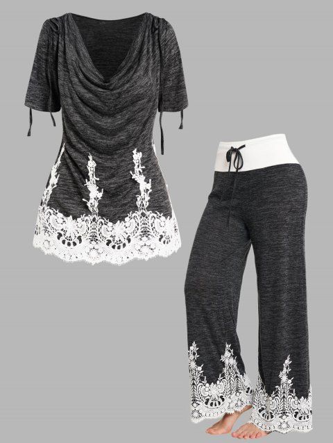 Space Dye Draped Lace Panel Cinched Shoulder T Shirt and Flower Guipure Applique Wide Leg Pants Casual Outfit