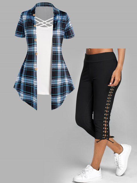 Plaid Print Asymmetric Crisscross Mock Button Short Sleeve T Shirt And Lace Up Cropped Leggings Outfit