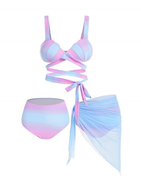 Pastel Color Shell Bikini Swimsuit Underwire Bandage Bikini Three Piece Swimwear Sheer Swim Skirt Bathing Suit