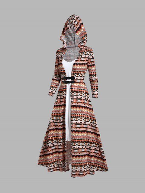Plain Cami Dress And Tribal Print Buckle Long Sleeve Longline Hooded Top Two Piece Ethnic Set