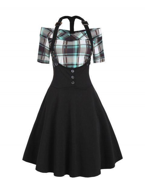 Plaid Print Off The Shoulder Top And Racerback A Line Suspender Skirt Two Piece Set