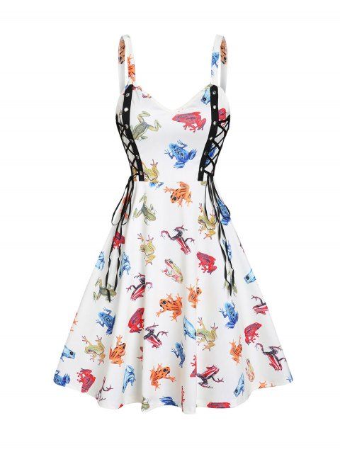 Vacation A Line Mini Sundress Colorful Frogs Print Lace Up Straps High Waist Sleeveless Dress