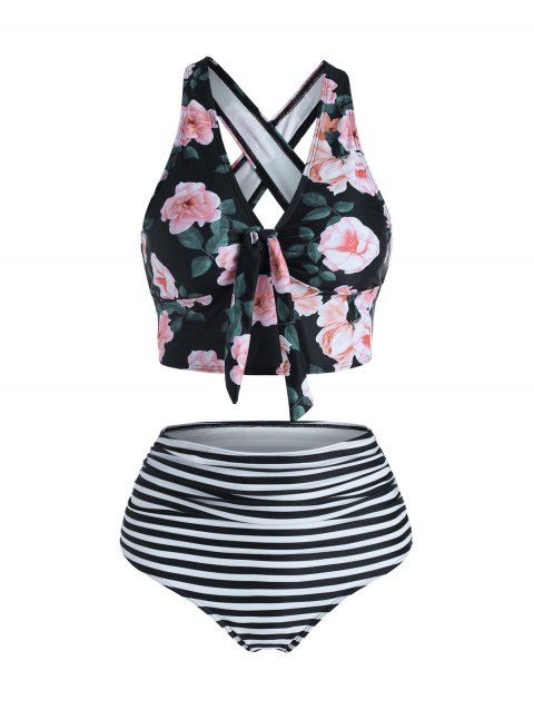 Floral Striped Ruched Crisscross Tankini Swimwear