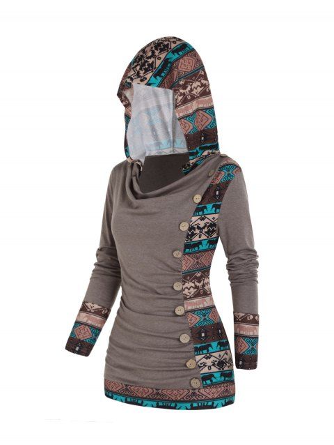 Tribal Geometric Elephant Print Ethnic Hooded Top Long Sleeve Mock Button Top