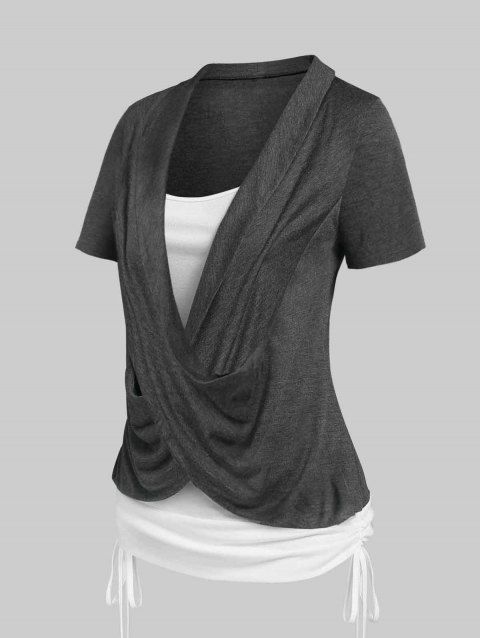 T-shirt Chiné Contrasté Croisé en Blocs de Couleurs à Manches Courtes Faux Deux Pièces