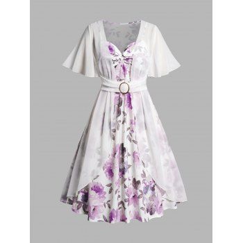 

Plus Size Floral Print Dress O Ring Mesh Sleeve Faux Twinset Casual Dress, Light purple