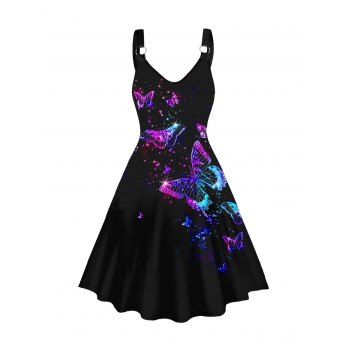 

Butterfly Print A Line Dress O Ring Strap Casual Midi Dress, Black