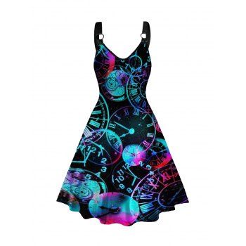 

Allover Clock Print A Line Dress O Ring V Neck Dress, Black