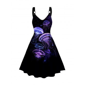 

Jellyfish Pattern Dress O-ring Strap Sleeveless High Waisted V Neck A Line Midi Dress, Black