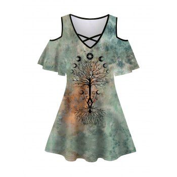 

Tie Dye Tree Print T Shirt Crisscross V Neck Cold Shoulder Casual Tee, Deep green