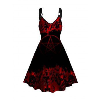 

Gothic Dress Contrast Colorblock Skeleton Star Print High Waisted V Neck A Line Mini Dress, Black