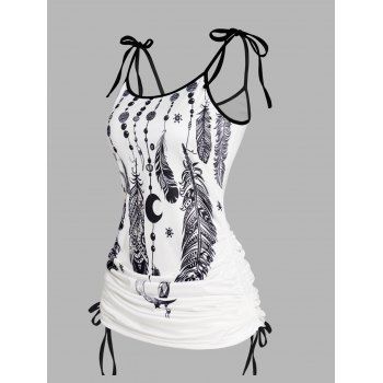 

Dream Catcher Feather Print Tank Top Tied Shoulder Ruched Long Casual Tank Top, White
