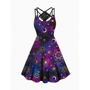 Celestial Galaxy Sun Moon Star Print Dress Lace Panel Crisscross High Waisted Sleeveless A Line Midi Dress, Concord