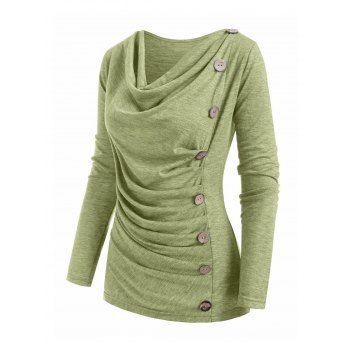 

Heather Mock Button Long Sleeves Draped Cowl Neck T-shirt, Green