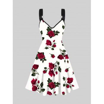 

Allover Rose Print Valentine's Day Dress Sleeveless O Ring Strap High Waist A Line Dress, White