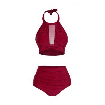 

Halter Tankini Swimsuit Cut Out Plain Color Tummy Control Swimwear Padded High Waisted Bathing Suit, Deep red