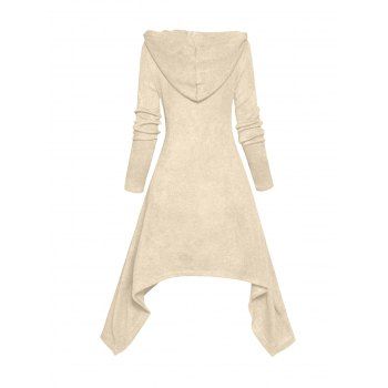 Asymmetric Longline Hooded Knit Faux Twinset Top Colorblock Horn Button Long Sleeve Knitted 2 In 1 Top With Hood