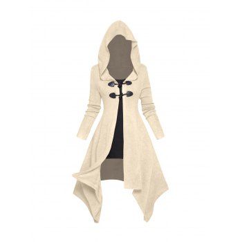 

Asymmetric Longline Hooded Knit Faux Twinset Top Colorblock Horn Button Long Sleeve Knitted 2 In 1 Top With Hood, Light coffee