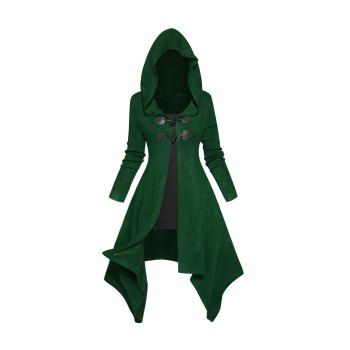 

Asymmetric Longline Hooded Knit Faux Twinset Top Colorblock Horn Button Long Sleeve Knitted 2 In 1 Top With Hood, Green