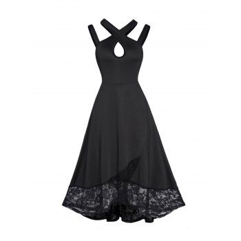 

Cut Out Keyhole Sheer Party Dress High Waist Floral Lace Panel Asymmetric Midi Dress, Black