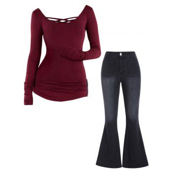 

Solid Color Crisscross Ruched Rivets Applique Top And Patch Pockets High Waisted Flare Jeans Casual Outfit, White