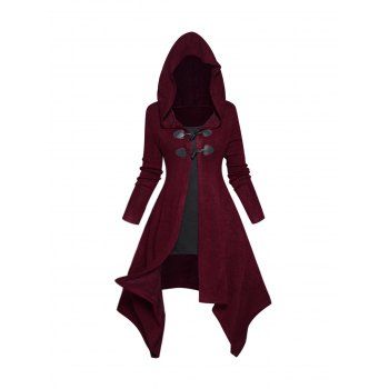 

Asymmetric Longline Hooded Knit Faux Twinset Top Colorblock Horn Button Long Sleeve Knitted 2 In 1 Top With Hood, Deep red