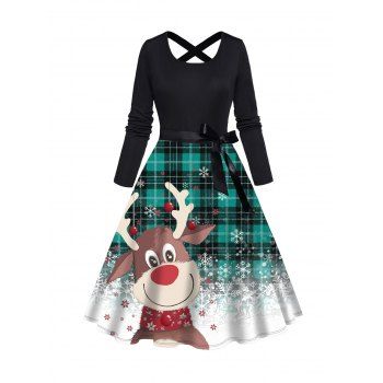 

Christmas Snowflake Plaid Elk Print A Line Dress Crisscross Bowknot Belted Long Sleeve Dress, Black