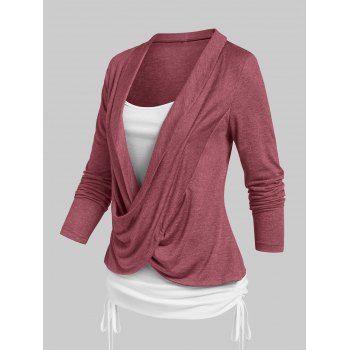 

Crossover Heathered Long Sleeves Ruched Cinched Faux Twinset T-shirt, Deep red