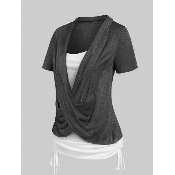 

Heathered Cinched Cross Short Sleeves Contrast Colorblock Faux Twinset Tee, Dark gray