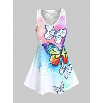 

Lace Panel Butterfly Print Flowy Tank Top, White