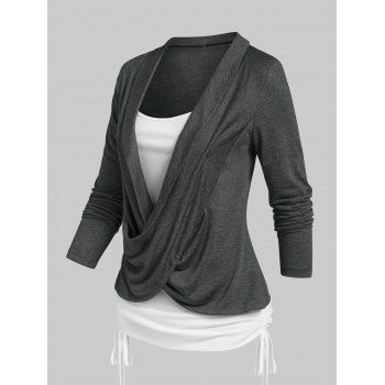 

Crossover Heathered Long Sleeves Ruched Cinched Faux Twinset T-shirt, Dark gray