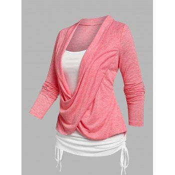 

Crossover Heathered Long Sleeves Ruched Cinched Faux Twinset T-shirt, Light pink