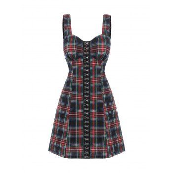 

Vintage Plaid Checked Hook and Eye Corset Style Mini Tank Dress, Multicolor