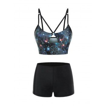 

Beach Tankini Swimwear Astrology Galaxy Print Strappy Keyhole Boyshorts Mix and Match Swimsuit, Black