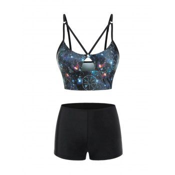 

Beach Tankini Swimwear Astrology Galaxy Print Strappy Keyhole Boyshorts Mix and Match Swimsuit, Black